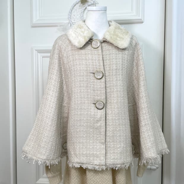 pink ivory glitter tweed fur cape