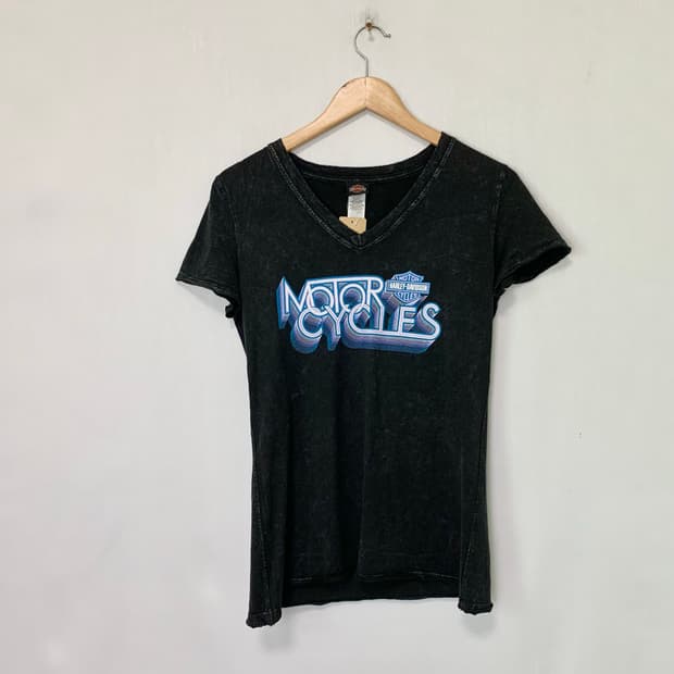 할리데이비슨 컷팅 브이넥 워싱 y2k 프린팅 반팔 티셔츠 차콜 S