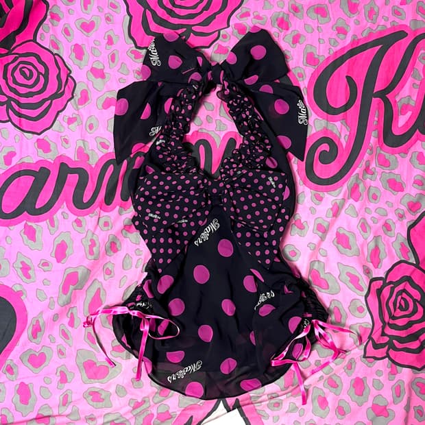 MA*RS마즈 블랙핑크 도트 프릴 리본 홀터넥 탑 히메오네갸루 핀터109