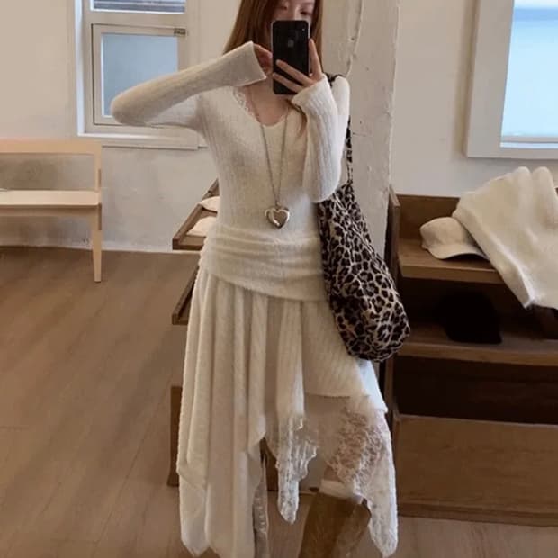 언발 브이 셔링 롱 원피스