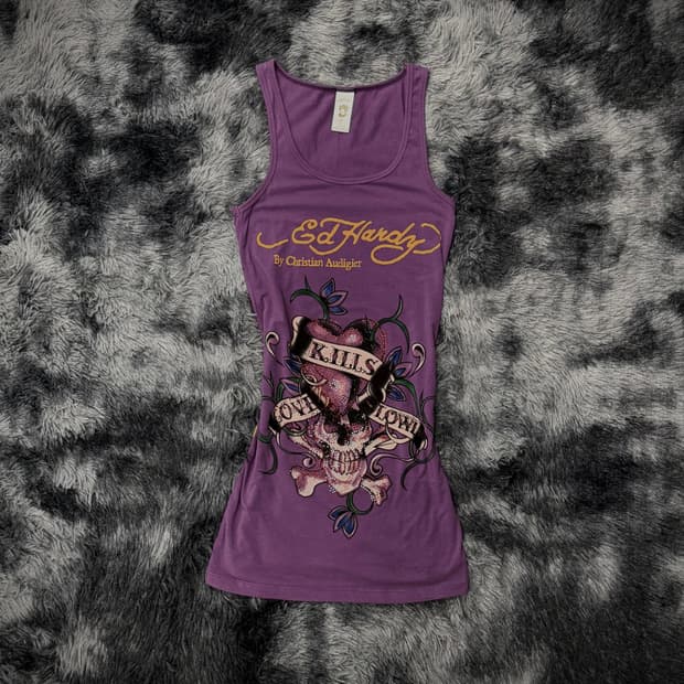 Ed Hardy 하트 스컬 큐빅  퍼플 롱 슬리브리스
