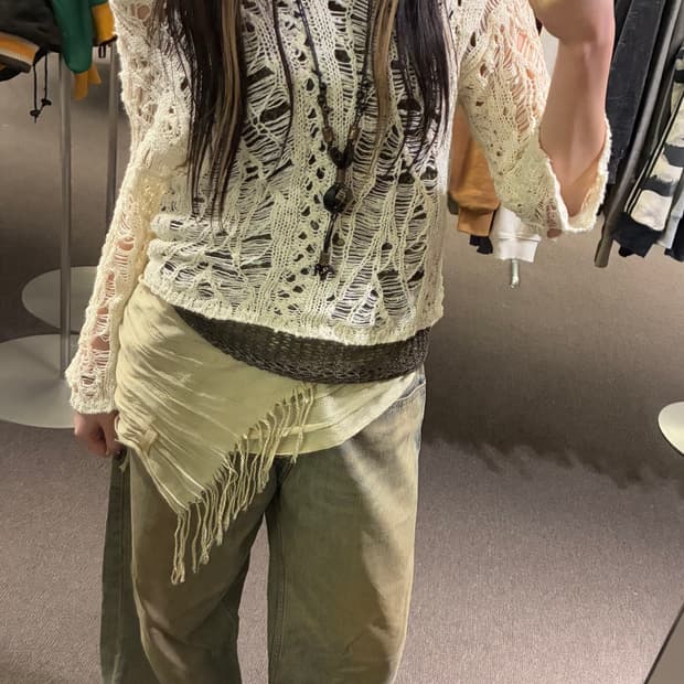 M)Japanese vintage 여성 그런지 아이보리 그물 니트