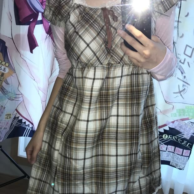 라떼 체크 리본 원피스