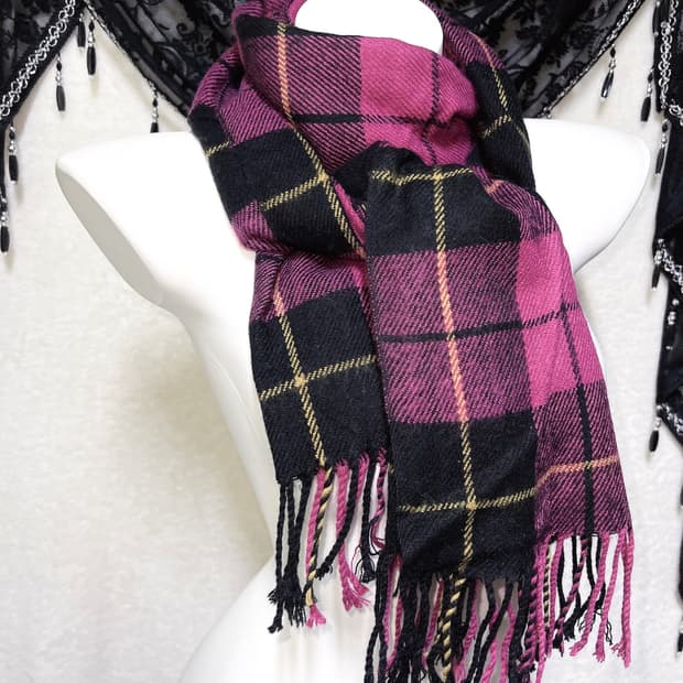 헤이세이 갸루 캐캐체 키치 펑크 y2k 마젠타 체크 패턴 머플러 목도리