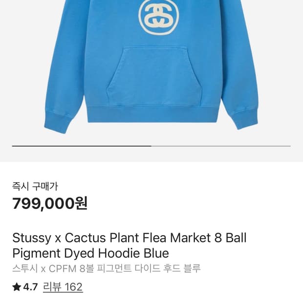 stussy x cpfm8볼 피그먼트 다이드 후드 블루