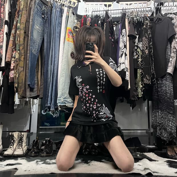 오리엔탈 자수 프린팅 카라 반팔