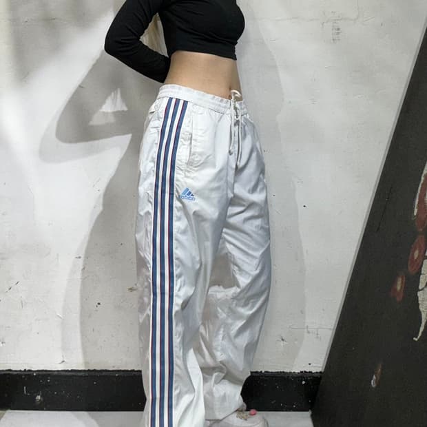 아디다스 와이드 화이트 블루 삼선 트랙 팬츠 추리닝 바지 L