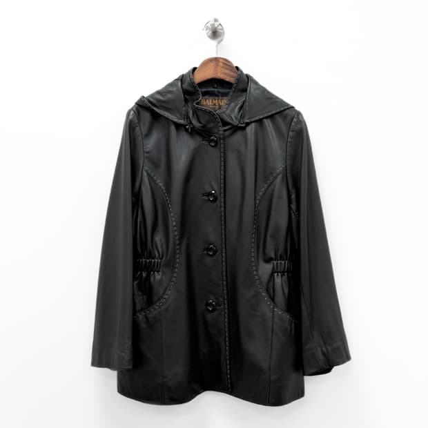 발망 후드 램스킨 레더 코트