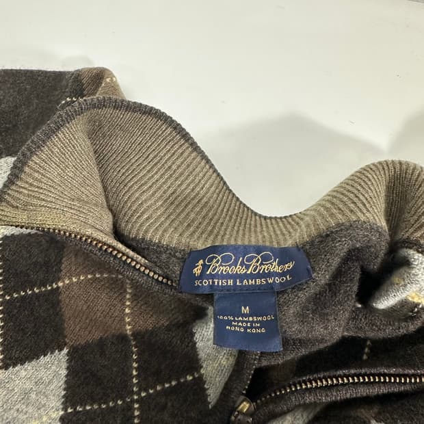 M 100 브룩스브라더스 브라운 램스울 아가일 반집업니트