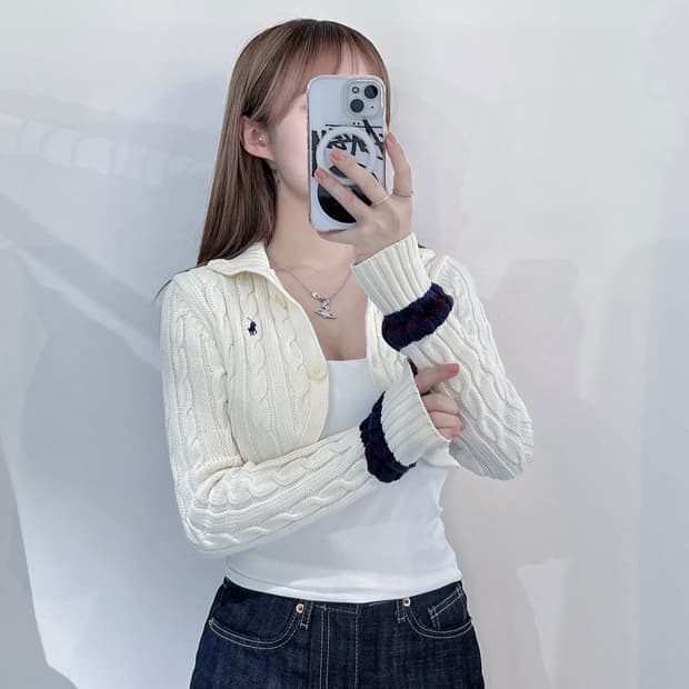 폴로랄프로렌 네이비포니 아이보리 케이블 크롭 가디건