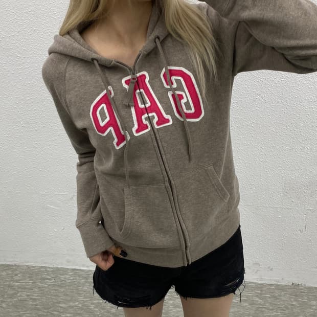 갭 핫핑크 센터로고 베이지 후드집업 M
