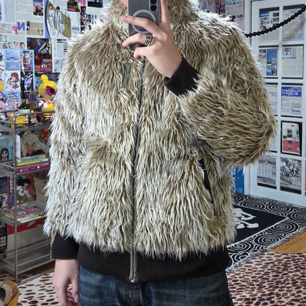 빈티지 에코 샤기 퍼 리버시블 카키 브라운 점퍼