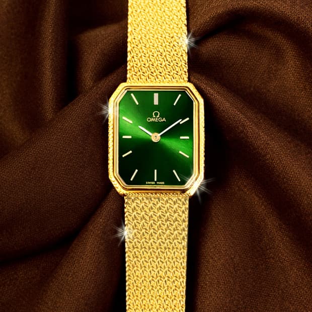 오메가 희귀 드빌 옥타곤 그린 다이얼 여성 미니 골드밴드 시계