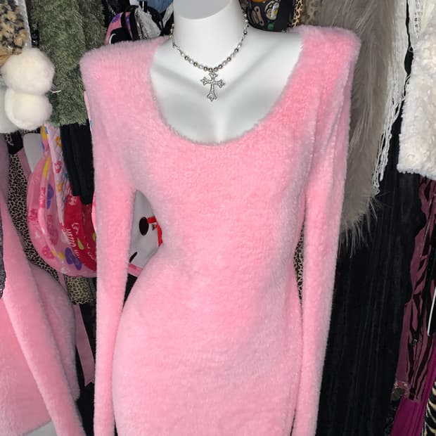 히메갸루 퍼 앙고라 핑크 니트 원피스