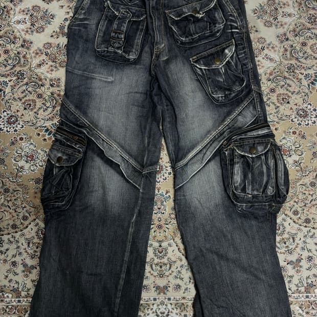 그레이 카고 와이드 멀티포켓 데님진 y2k 스트릿 34인치