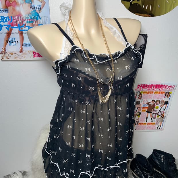 러블리 로맨틱 갸루 리본 프릴 슬리브리스 탑