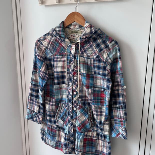 Back Number 체크 패치워크 프릴 후드 셔츠집업