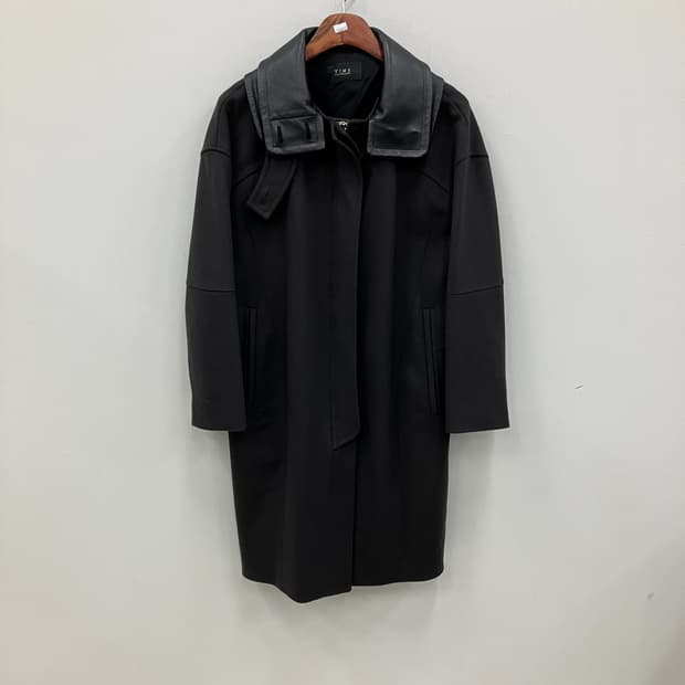 타임 차콜 캐시미어 혼방 가죽 하이넥 카라 싱글 롱 코트