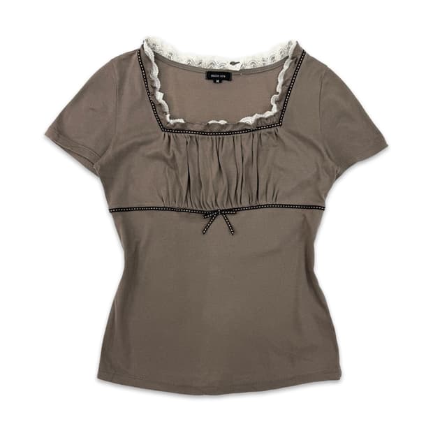 빈티지 BRUGGE SEPIA 브라운 셔링 프릴 블라우스