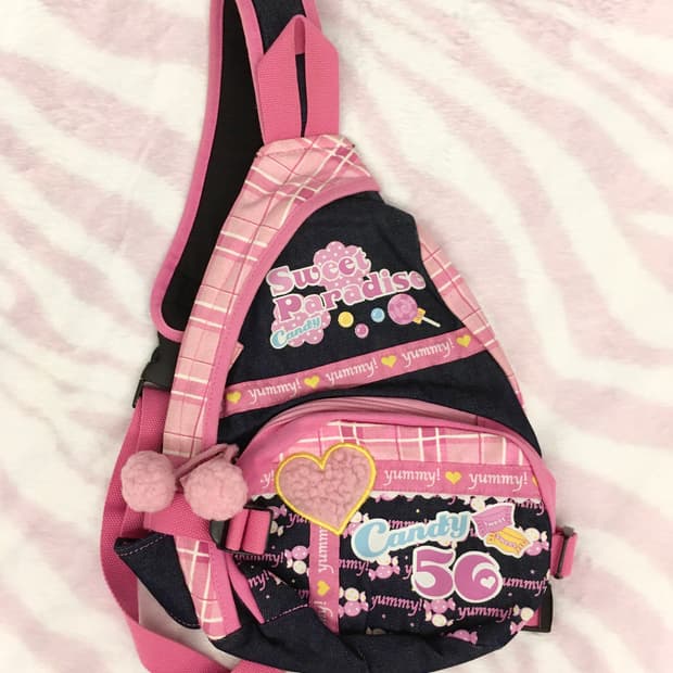 핑크 체크 캔디 데님 폼폼이 바디백 헤이세이 조지후쿠 갸루