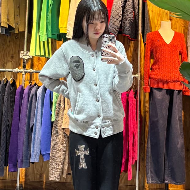 XS A BATHING APE 베이프 빅샤루 패치 코튼 그레이 바시티