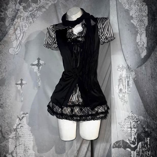 무채색 미와코깔 체크 레이스 스트라이프 프릴 코디세트 