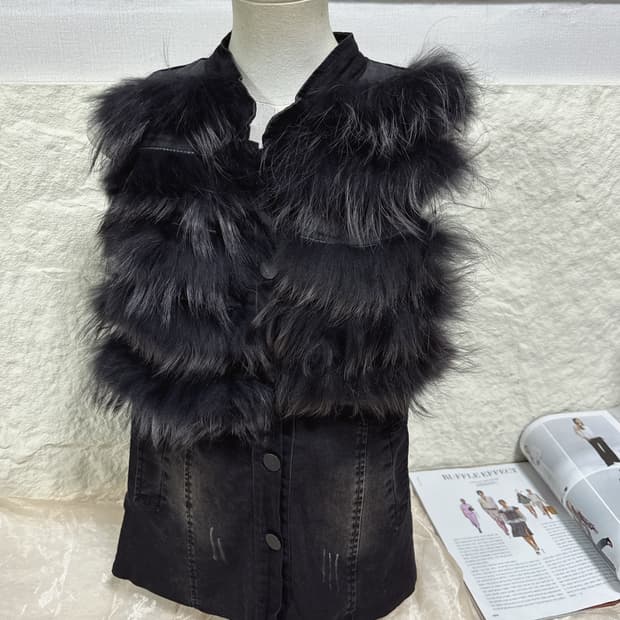 빈티지 emily 데님 라쿤퍼 조끼 베스트