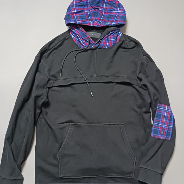 [L] PLAC 블랙 체크 레이어드 후드티