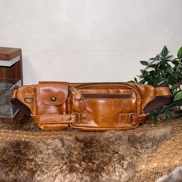 Camel brown buckle pocket belt bag