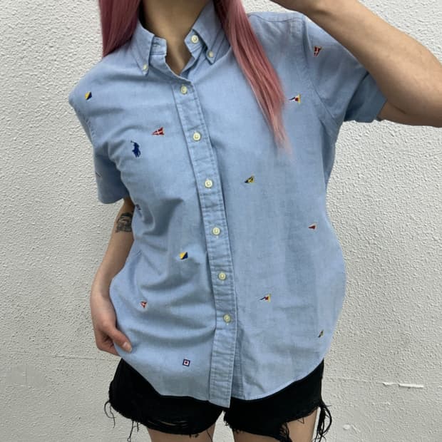 폴로 랄프로렌 네이비포니 플래그 패턴 소라 반팔셔츠 XS