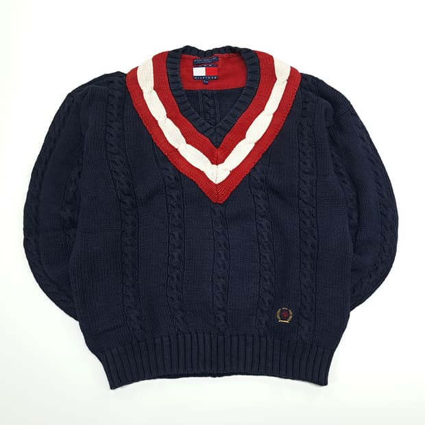CN974 M 타미힐피거 다크네이비 크리켓 V넥 케이블 니트 스웨터