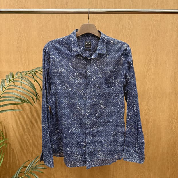 아르마니 익스체인지 패턴 셔츠 블라우스 페이즐리 프린트 디테일 네이비