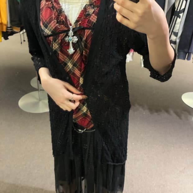 38)Ozoc vintage 여성 블랙 레이스 니트 가디건