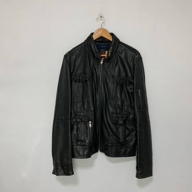 지오지아 ziozia 블랙 지퍼 모크넥 포켓 양가죽 자켓 리얼레더