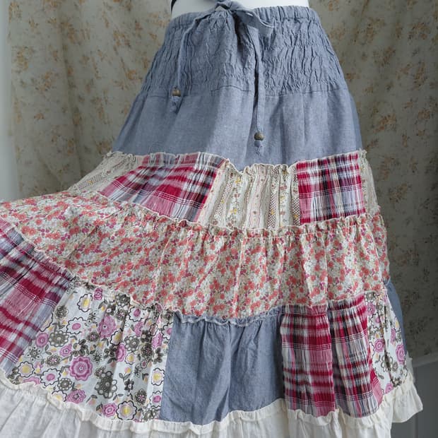 [일본빈티지] 패치워크 플라워 캉캉 미디 스커트