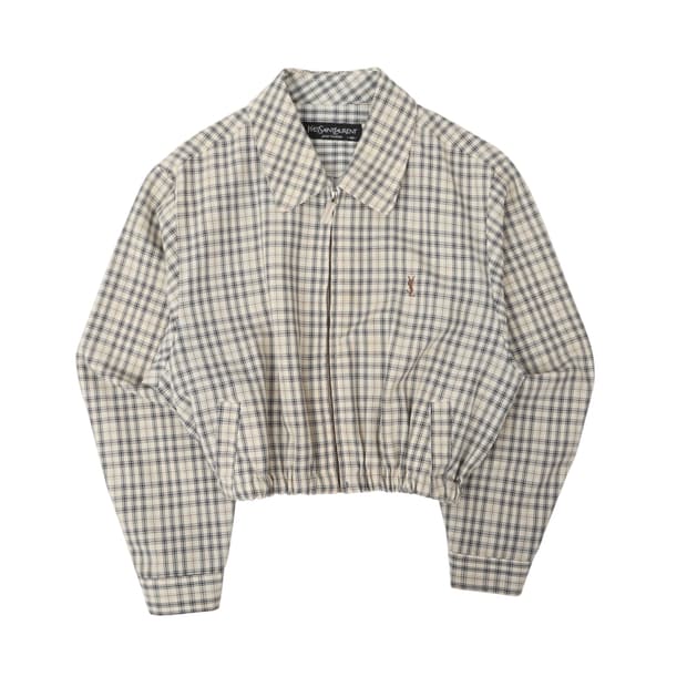 입생로랑 체크 크롭 블루종 자켓