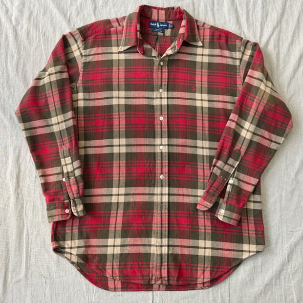 폴로랄프로렌 빈티지 레드베이지 두툼 체크셔츠 M(105)
