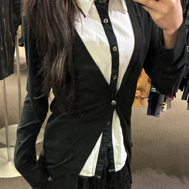 M)Japanese vintage 여성 화이트/블랙 가디건 레이어드 셔츠