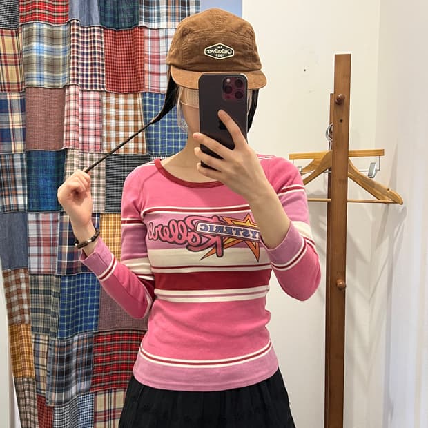 히스테릭글래머 빅로고 핑크 스트라이프 롱슬리브