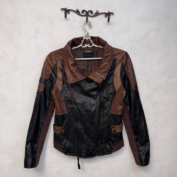 Black&brown lamb skin double zipper jk