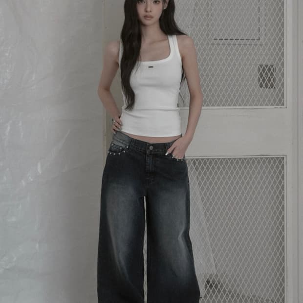 카키포인트 스터드 와이드 데님팬츠