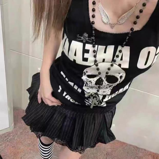 스컬 해골 펑크 y2k 슬리브리스 