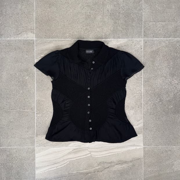 Black shirring chiffon button blouse 