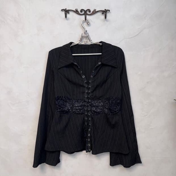 Black stripe eyelet laceup lace blouse