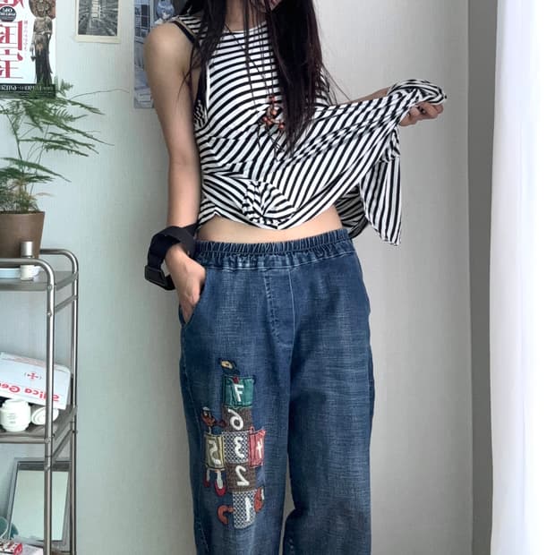 개귀여운 빈티지 패치 배기 데님
