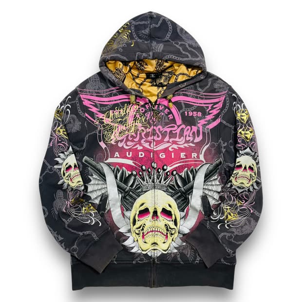 크리스찬 오디저 더블 건호크 스컬 스터드 후디 집업