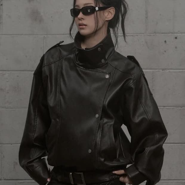 카키포인트 하이넥 레더자켓 브라운