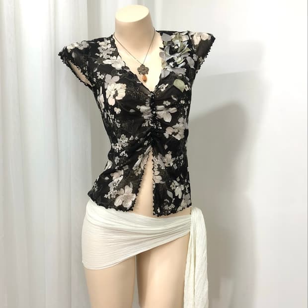 black oriental floral shirring mesh top 