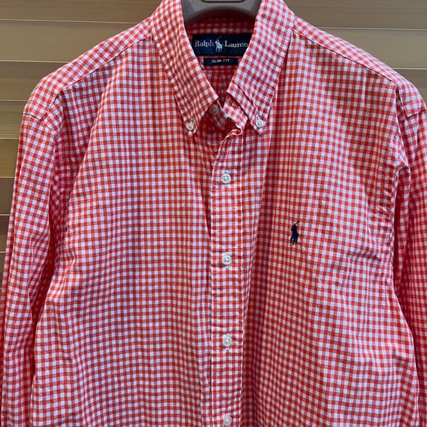 폴로랄프로렌 남성 오렌지체크 코튼긴팔셔츠