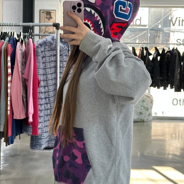 베이프 샤크 카모 풀 후드집업 그레이퍼플